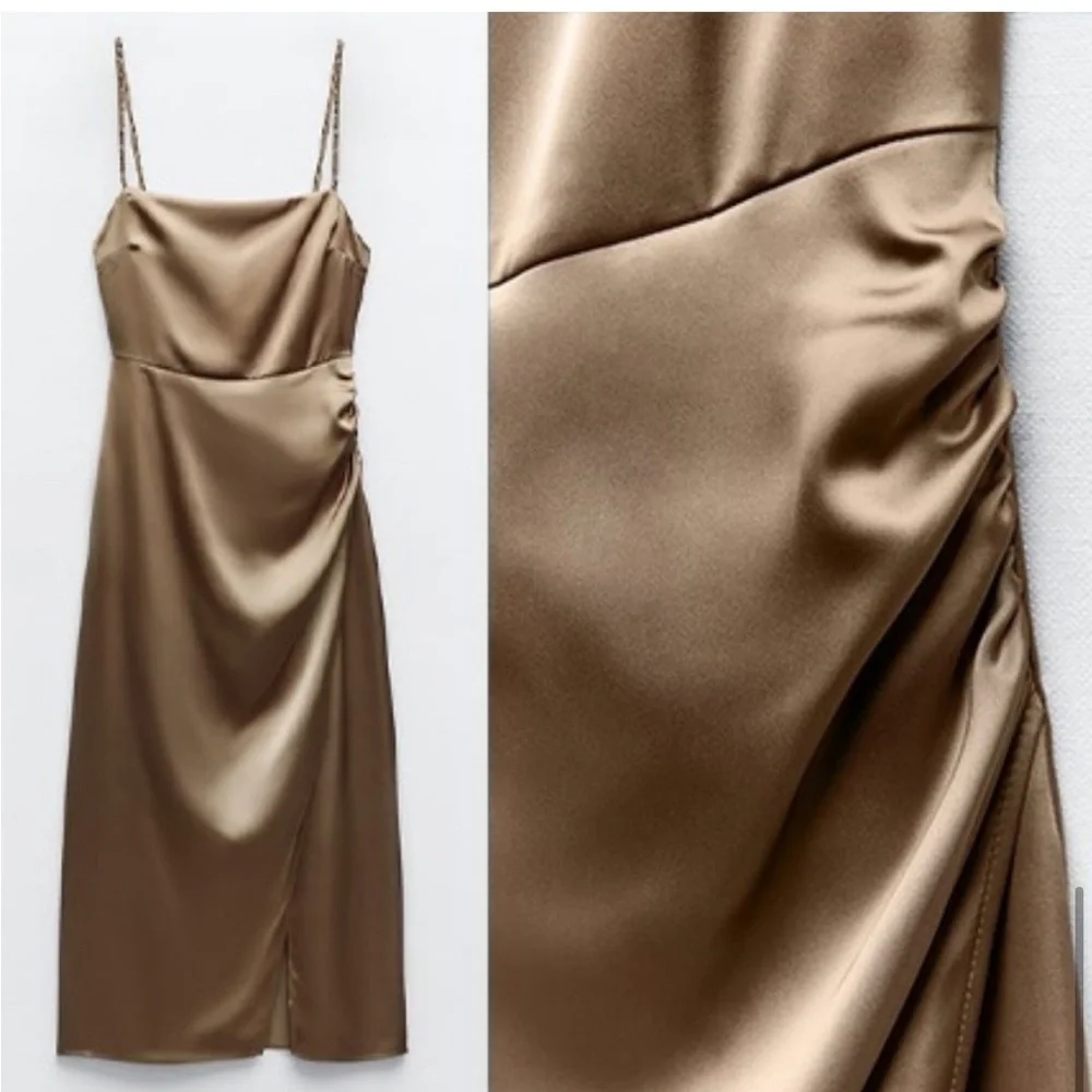 🆕(NWT) ZARA Bloggers Fav Beaded Strap Satin Midi Dress. Size LARGE - Picture 14 of 14